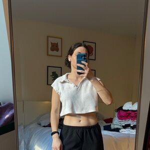White Cropped Crochet Polo Top